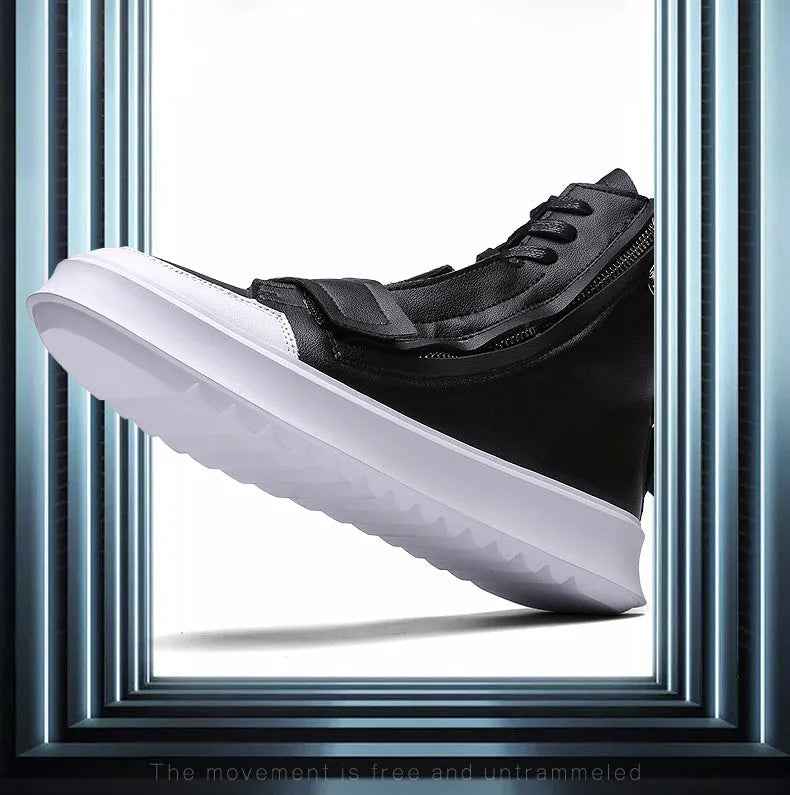 Men's black and white PU leather ankle boots in high-top sneaker style with microfiber upper, sizes 38-43