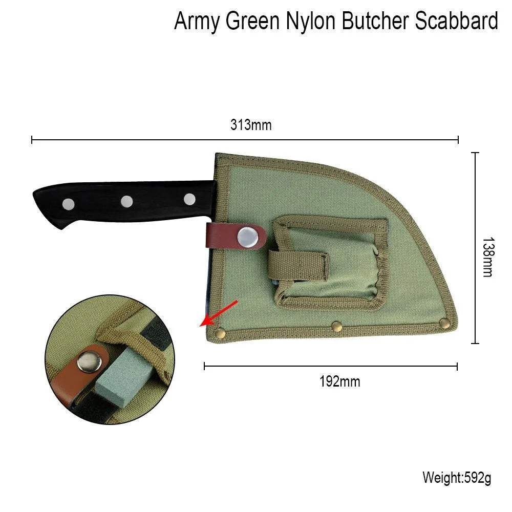 Hand-made stainless steel meat cleaver with a 17cm round head blade on a kitchen surface.