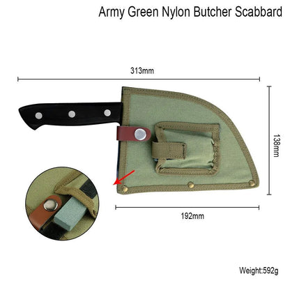 Hand-made stainless steel meat cleaver with a 17cm round head blade on a kitchen surface.
