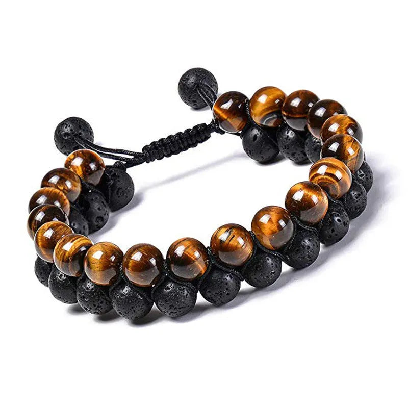 Tiger eye couple bracelets with matte black agate beads in geometric design