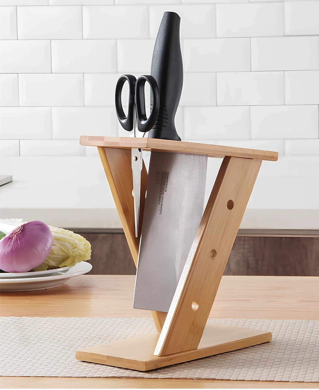 Bamboo cross kitchen knife holder, 20cm tall, stores five blades in upright slots on 15cm base