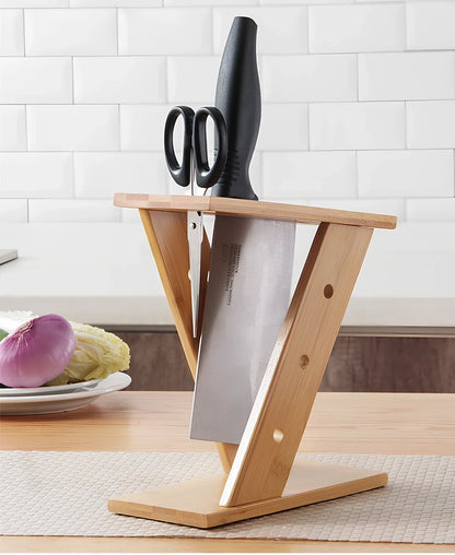 Bamboo cross kitchen knife holder, 20cm tall, stores five blades in upright slots on 15cm base
