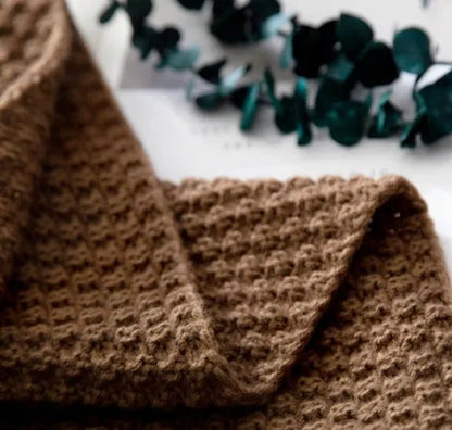 Nordic fringed knit ball acrylic blanket in beige colour measuring 130×170cm