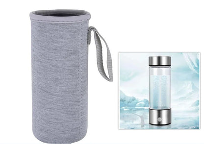 Portable hydrogen water bottle with glass chamber and stainless steel components showing electrolysis bubbles