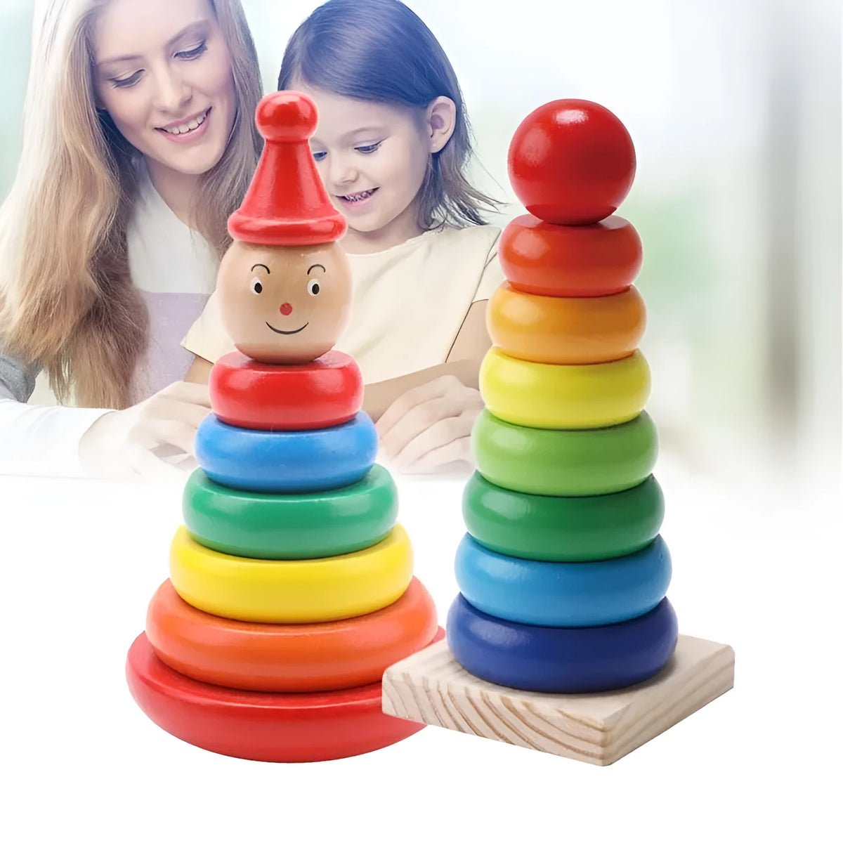 Wooden stacking toy, stacked circle design, tumbler rainbow tower colourway, 7.5 x 9 x 9 cm