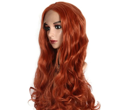 Golden brown medium long curly wig with natural matte hairline and 26-inch length