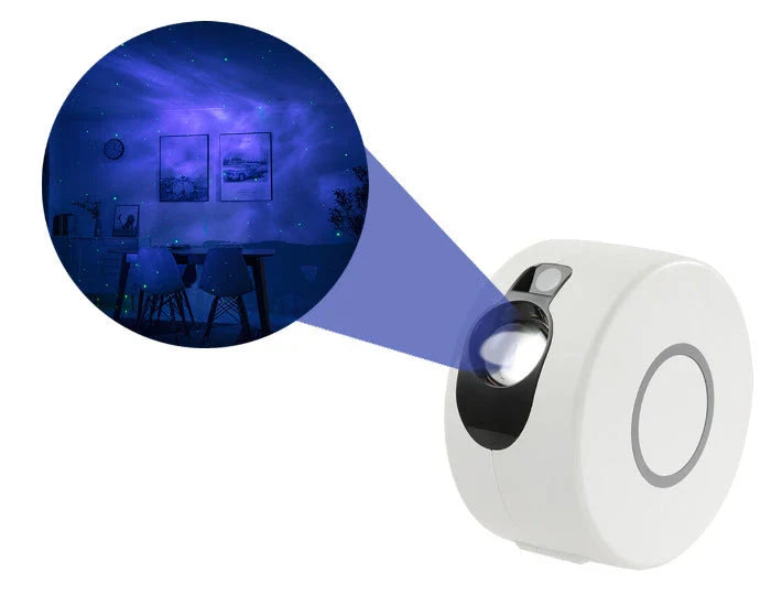 Enchanting starry sky projector with dynamic colour lighting, creating a mesmerising atmosphere in a bedroom or living space