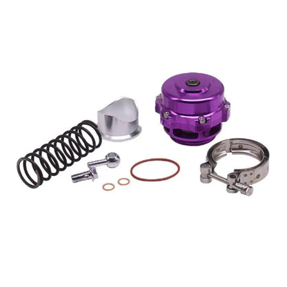 50mm aluminium alloy automotive blowoff valve in six colour options on a white background.