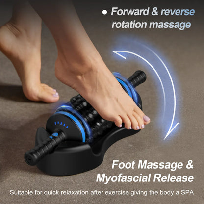 Handheld electric muscle massager in blue, grey or green colour with rolling head and multi-gear control.