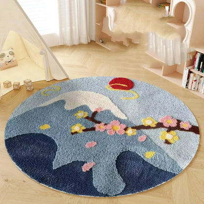 Round blue children's carpet with cartoon snow mountain and Hailang graphic on polyester fabric.