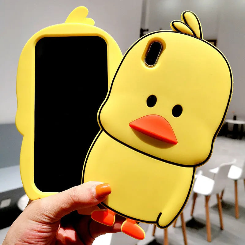 Green silicone iPhone case with animal cartoon design showing drop protection and waterproof features