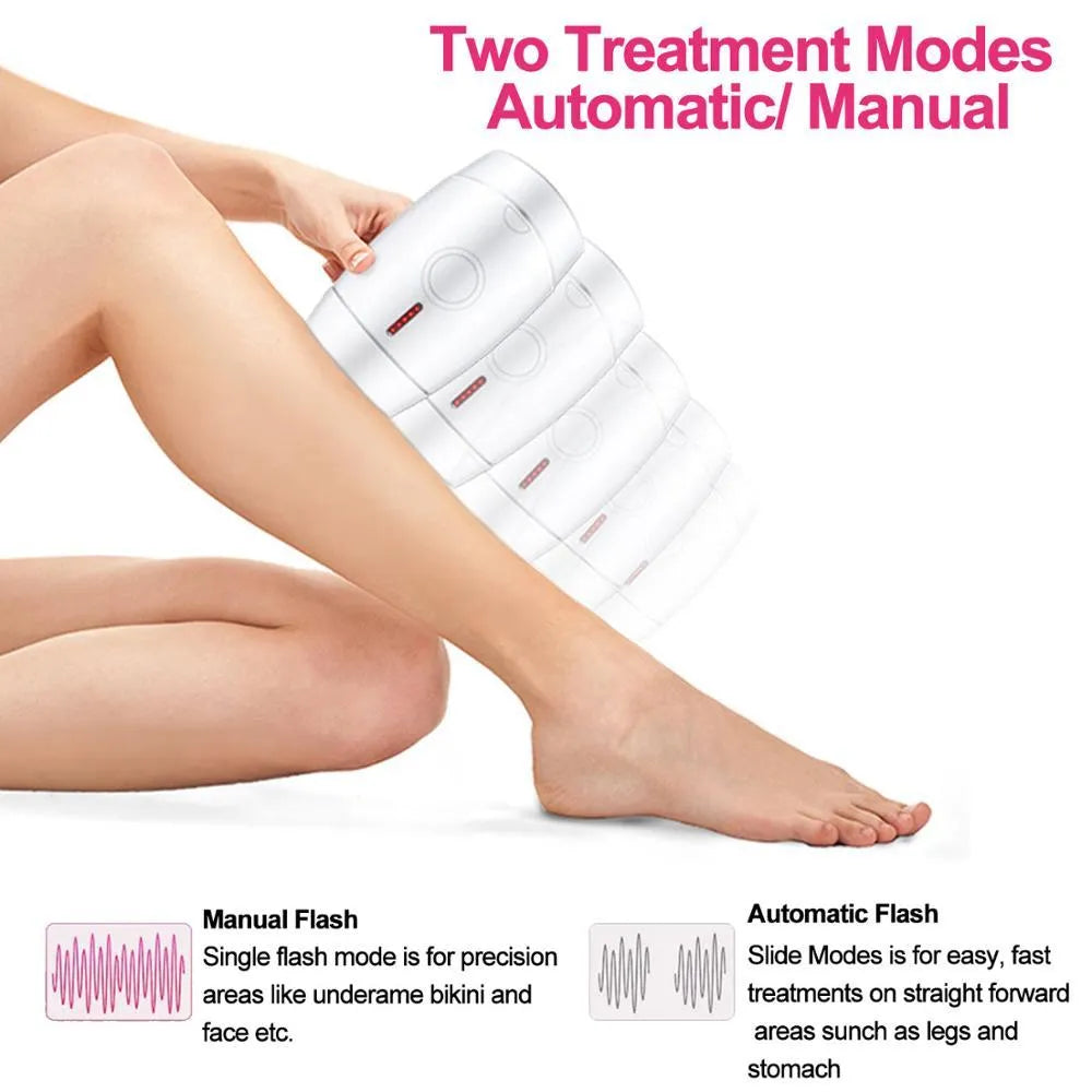 White home laser hair removal device with display, shown next to its power adapter.
