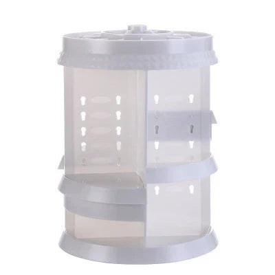 Rotating makeup organizer with detachable drawers in various finishes, including white, black, and transparent options