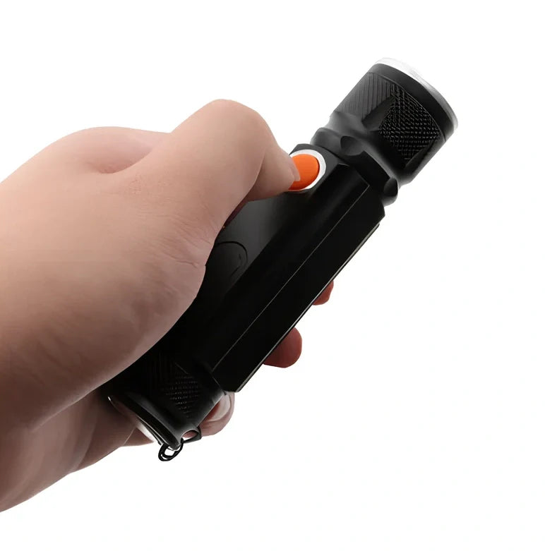 Black Soringrad multifunctional aluminium flashlight with COB and T6 lamp beads, magnet base, 200m range for hiking and camping