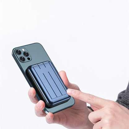 15W magnetic wireless charging power bank 5000mAh in blue, green, and grey, 98x64x16mm