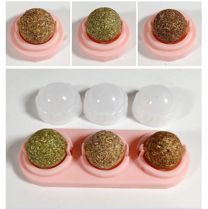 Self-adhesive rotated catnip lick ball for cats, natural play stimulation