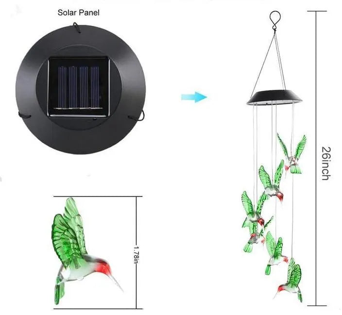Solar wind chime with colour-changing LED, hummingbird and butterfly designs, waterproof outdoor hanging light for patio yard garden