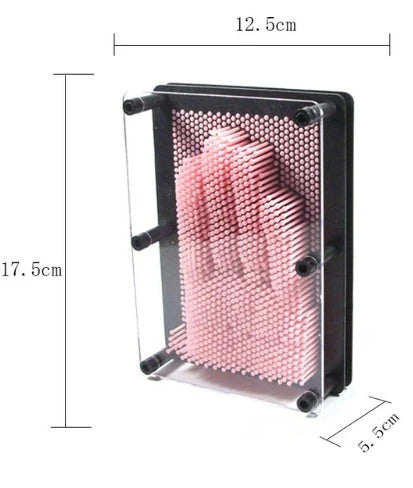 A customizable 3D sculpture impression frame with an array of pins that can capture the contours of any object pressed into it.