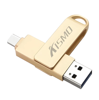 Metal dual-use USB flash drive for Apple and Android with USB 3.0, shown in Black, Gold, Pink, and Silver.