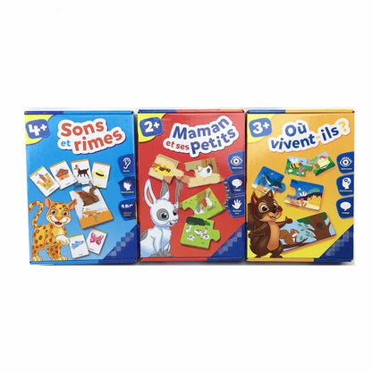 French language puzzle toy with 12 matching pairs of thickened hard paper cards for children aged 2+