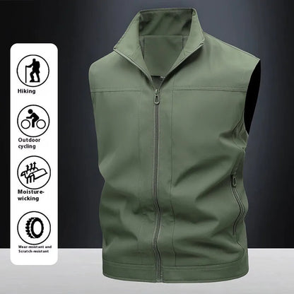 Men's stand-up collar casual shirt in army green colour with loose fit styling for workwear and leisure
