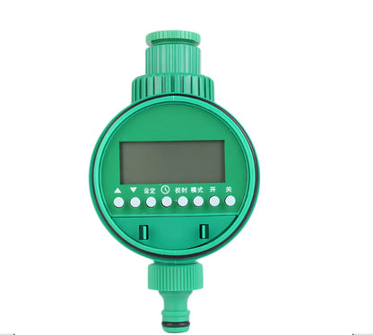 Green home garden solenoid valve controller with LCD display showing irrigation programming