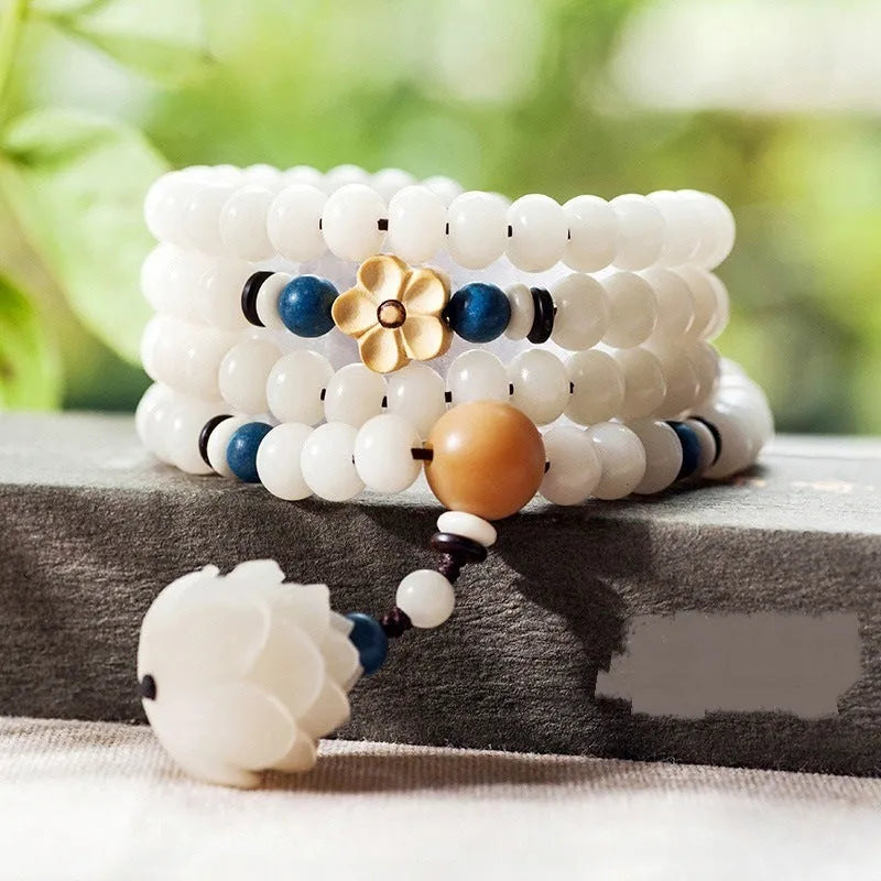 White jade Bodhi beads bracelet with 6x8mm beads in multiple decorative styles for men and women