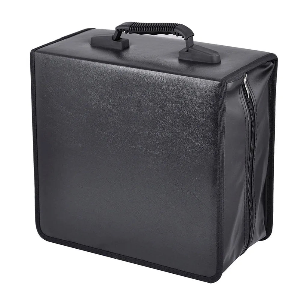 Black Oxford fabric CD and DVD storage organiser case with top carry strap and zipper closed.