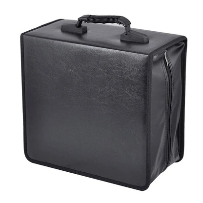 Black Oxford fabric CD and DVD storage organiser case with top carry strap and zipper closed.