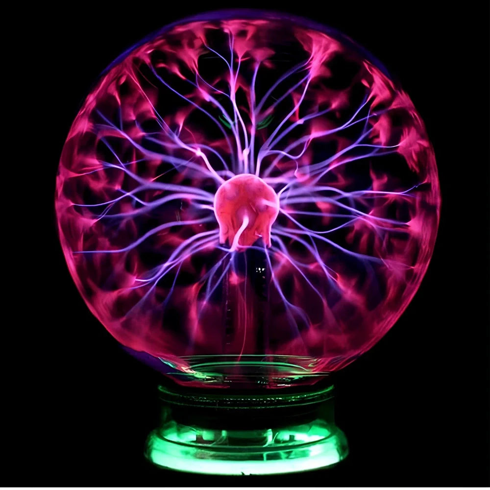 Plasma lightning ball with electrostatic induction showing colourful electrical discharges on glass surface