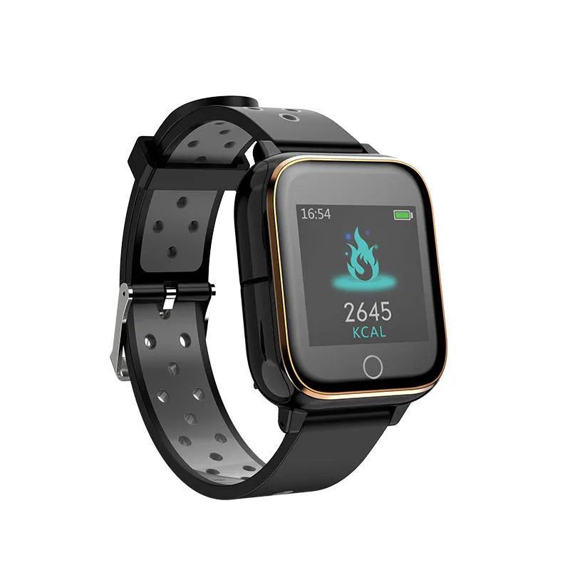 Black smart watch with a 1.4-inch screen and Bluetooth earbuds stored in the watch body
