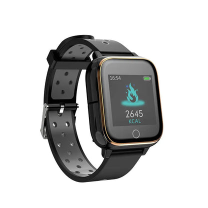 Black smart watch with a 1.4-inch screen and Bluetooth earbuds stored in the watch body