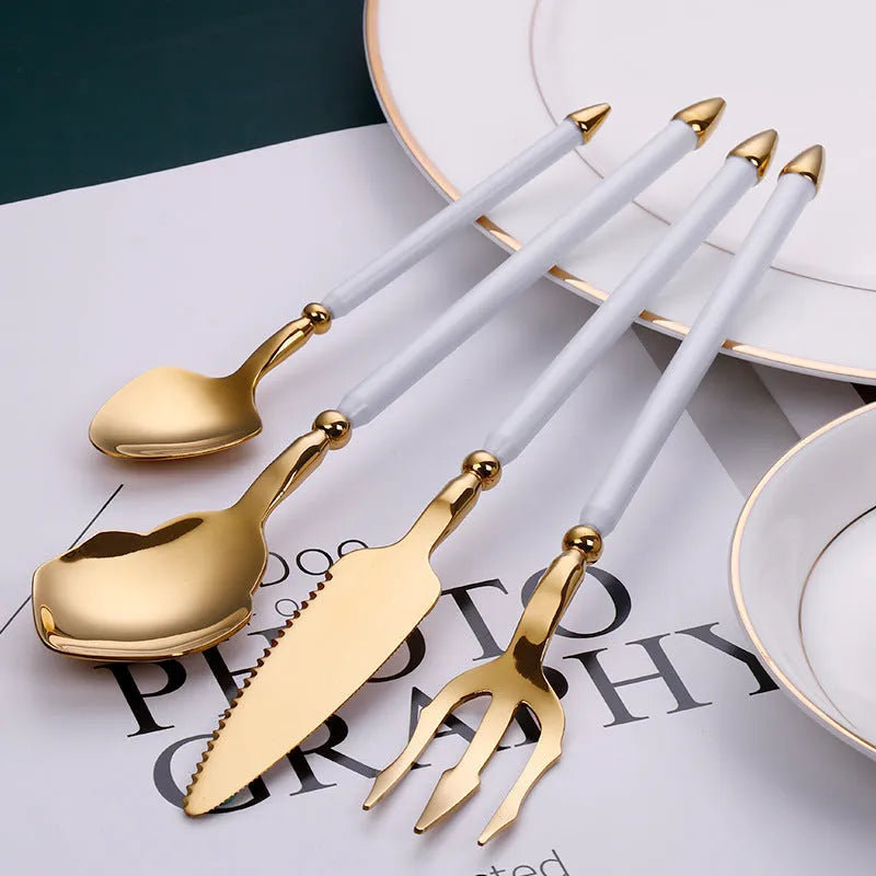 Stainless steel knife, fork, and two spoons set in a choice of seven metallic colour finishes.