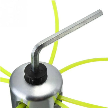 Silver aluminium Luzhu lawn mower trimmer head replacement accessory with four light yellow grass ropes and a wrench.
