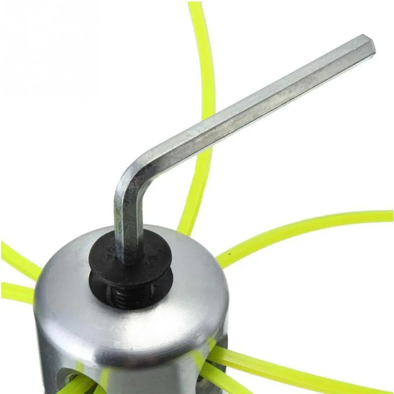 Lawn mower replacement grass head spool accessories, silver aluminium Luzhu trimmer head with 4 light yellow square grass rope lines each 27.5cm long, includes a wrench and gasket kit for fitting, single unit weight 180g dimensions 4.5cm wide by 5cm high.