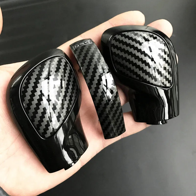 Carbon fibre gear shift side cover for Volkswagen DSG transmission with leather knob