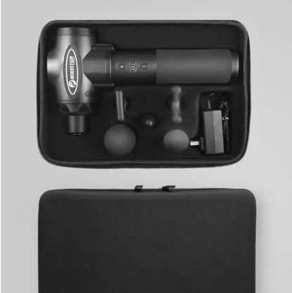 Black and white deep tissue massage gun with 12mm stroke for muscle recovery, shown at 3200 RPM speed.
