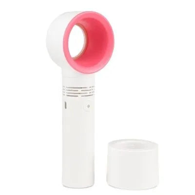 Portable bladeless fan with USB cable and base, showing compact design and bladeless airflow