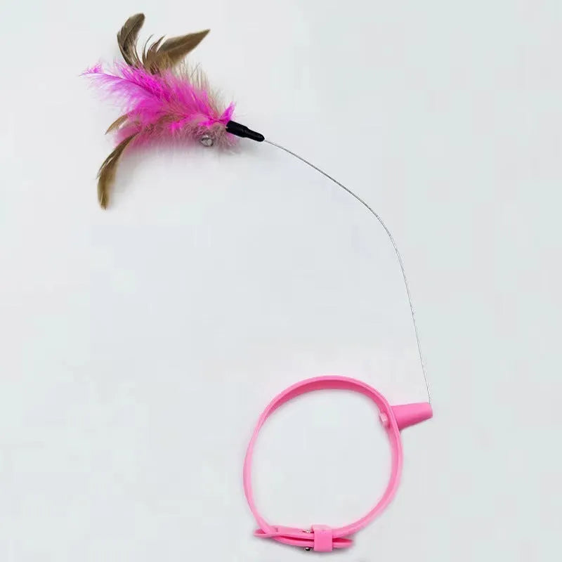Adjustable cat feather collar toy with silicone teasing wand attached and bell in blue colour