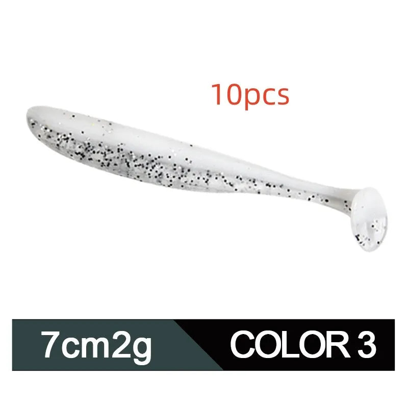Soft plastic worm lure with a two-tone T tail, shown in one of its 14 colour options.