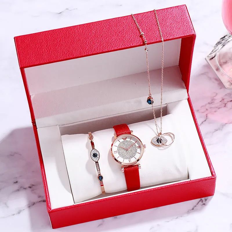 Ladies round watch with 32mm dial, 6mm alloy case, leather strap, and pin buckle