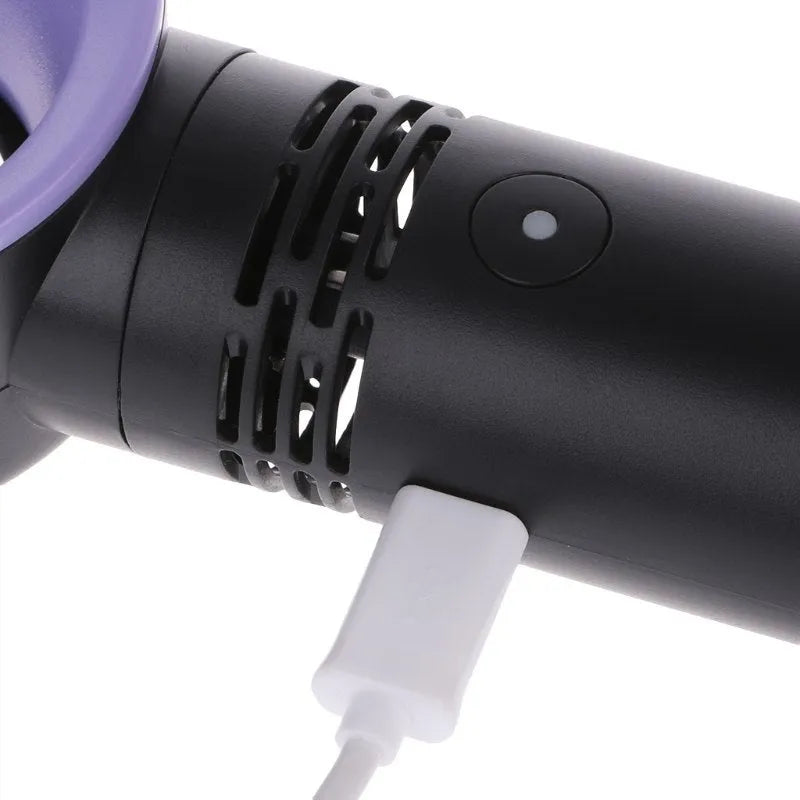 Portable bladeless fan with USB cable and base, showing compact design and bladeless airflow