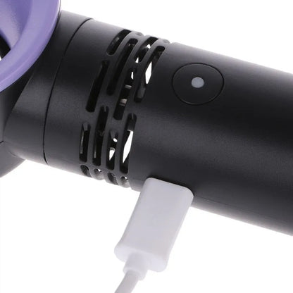 Portable bladeless fan with USB cable and base, showing compact design and bladeless airflow
