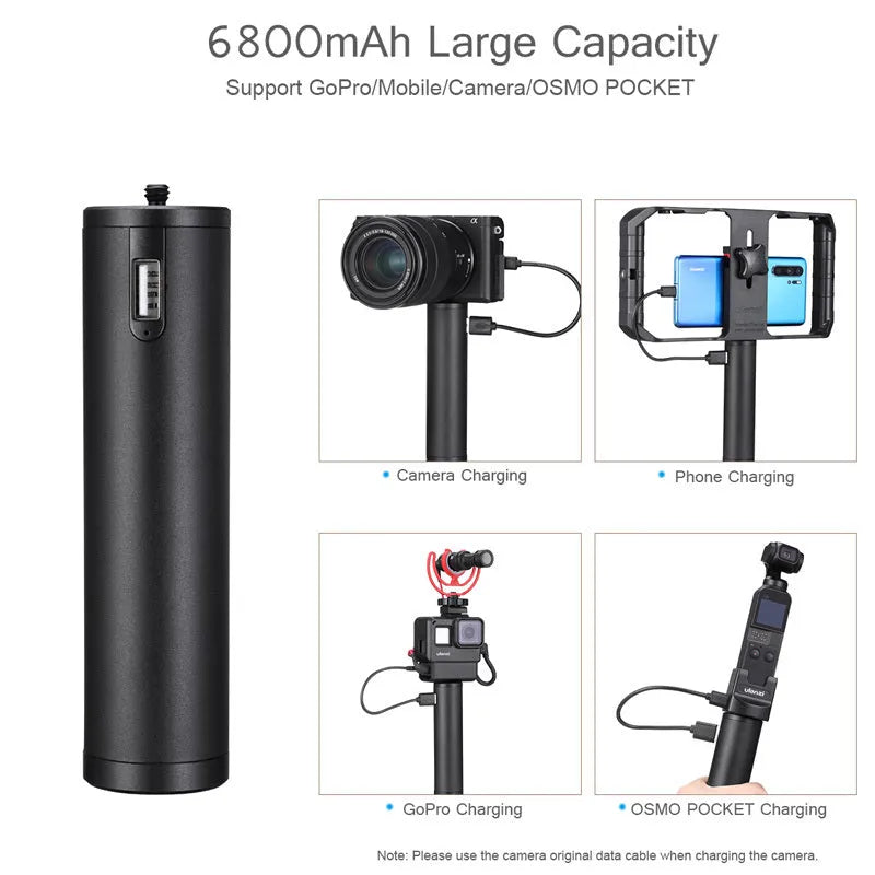 Black aluminium alloy power bank with a built-in carrying handle, shown with dimensions.
