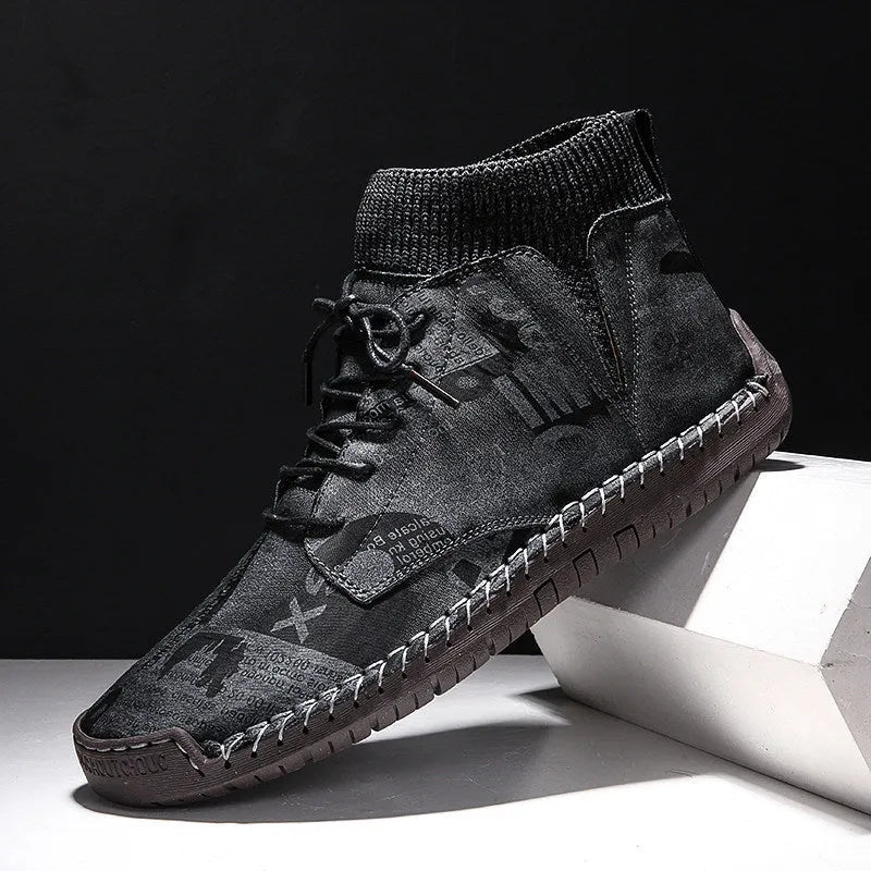 High-top canvas trainers with hand-painted pattern, rubber sole, black or khaki, sizes 39-43, winter casual shoes