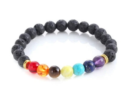 Handcrafted beaded bracelet with seven chakra-representing beads, designed to promote balance and well-being.
