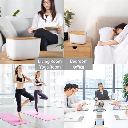 GX-22K white ultrasonic humidifier and aromatherapy diffuser unit with night light on a wooden surface.
