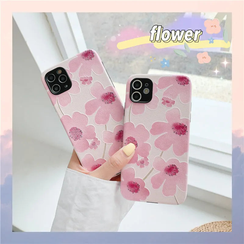 Pink soft rubber flower phone case for iPhone with lanyard hole