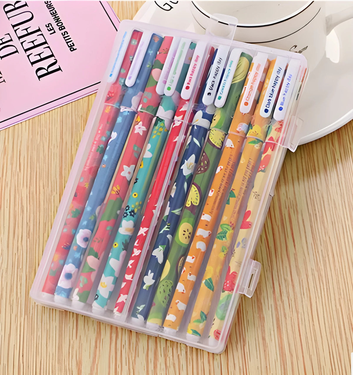 10 pack coloured gel pens in black and colourful options with animal, cat, class, flower, and forest styles for school and office stationery