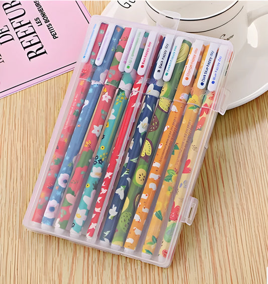 10 pack coloured gel pens in black and colourful options with animal, cat, class, flower, and forest styles for school and office stationery